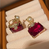 Retro Red Diamond Bag Earrings Geometric Square Silver Needle