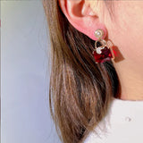 Retro Red Diamond Bag Earrings Geometric Square Silver Needle