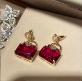 Retro Red Diamond Bag Earrings Geometric Square Silver Needle