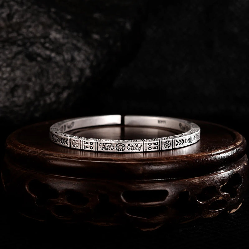 Women's Silver Hieroglyphs Ethnic Open Bracelet SZ00149