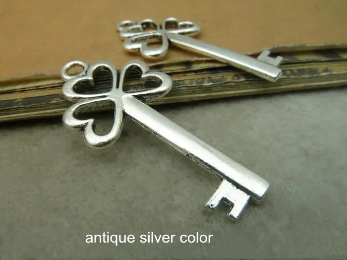 40 Pcs Antique Metal Heart Key Charms - Wedding Event Pendants Large 21*47mm