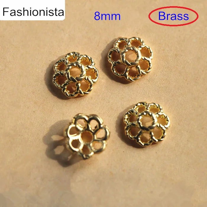 50 Pcs Raw Brass Beads Caps 8mm Hollow Flower Cap Findings Jewelry Making DIY