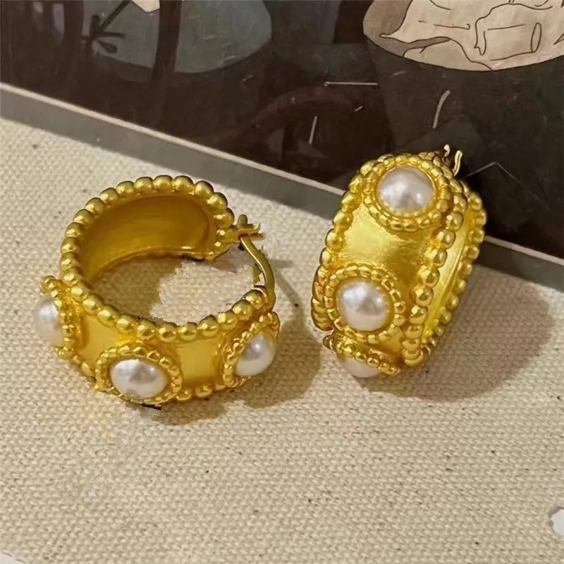 Baroque Pearl Metallic Hoop Earrings for Women Statement Wide Big Earings