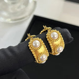 Baroque Pearl Metallic Hoop Earrings for Women Statement Wide Big Earings