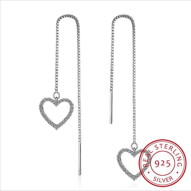 925 Silver Sweet Heart Dangle Drop Earrings Tassel Chain Wedding Party
