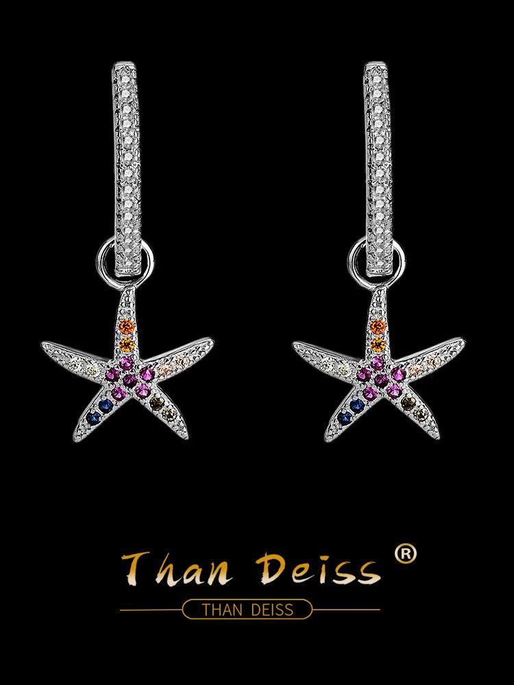 Micro-Set Colored Diamond Earrings S925 Sterling Silver Starfish Women Jewelry