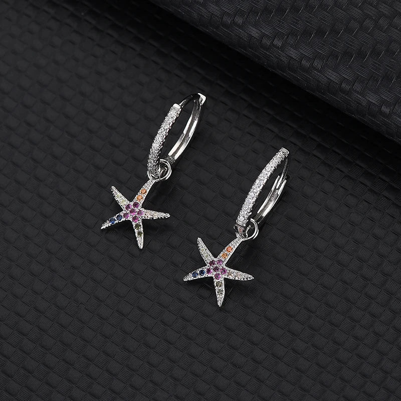 Micro-Set Colored Diamond Earrings S925 Sterling Silver Starfish Women Jewelry