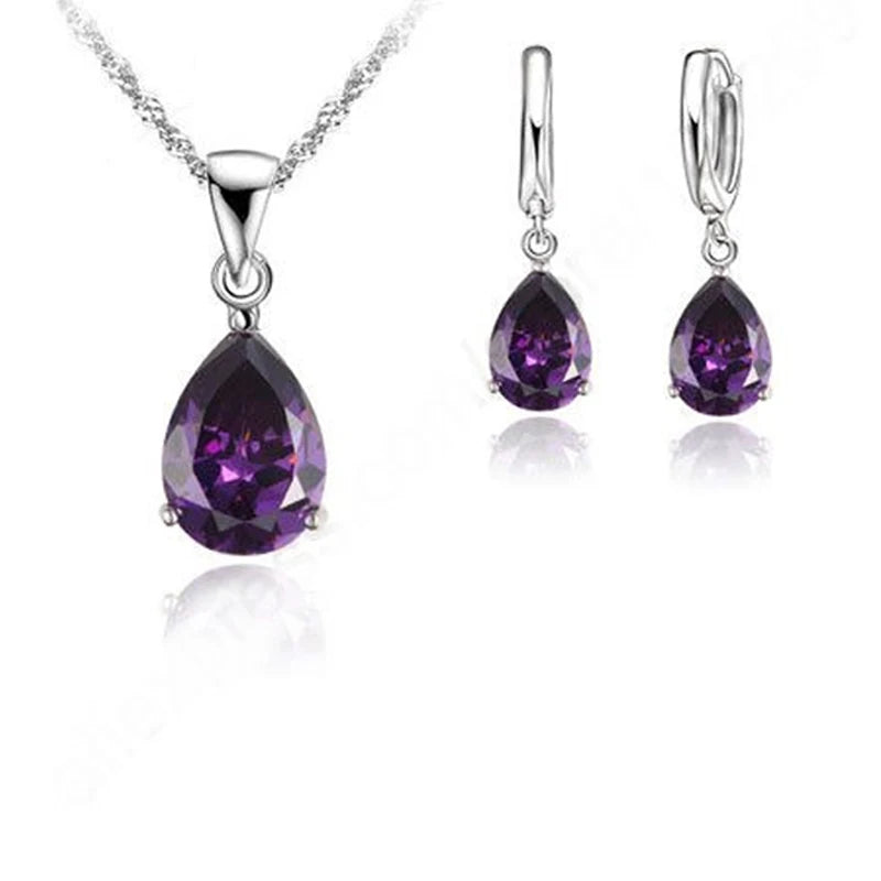 925 Silver Jewelry Set Cubic Zirconia Pendant Earring Necklace