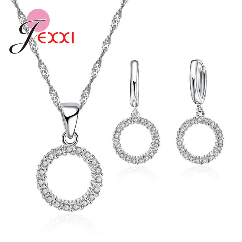 Cubic Zirconia Jewelry Set, Hollow Round Pendant & Earrings, 925 Sterling Silver