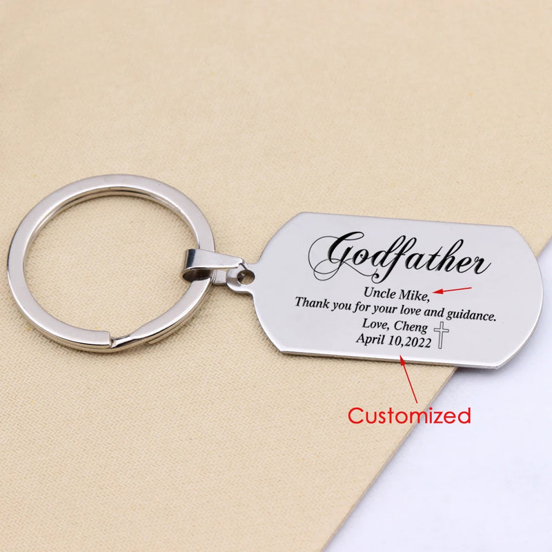 Father's Gift Keychain Name Baptism for Godfather Stainless Steel