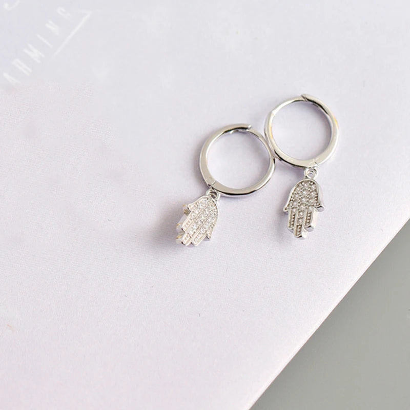 925 Silver Hamsa Earrings CZ Zircon Hoop Boho Jewelry
