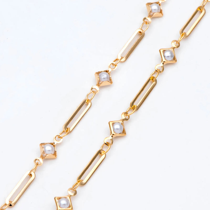 18K Plated Brass Chain with Rhombus Bezel Faux Pearl