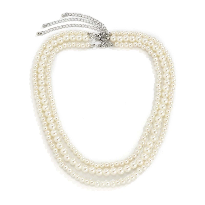 Faux Pearl Layered Necklace Costume Jewelry 3 Layers Bib Pendant Choker Chain
