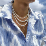 Faux Pearl Layered Necklace Costume Jewelry 3 Layers Bib Pendant Choker Chain