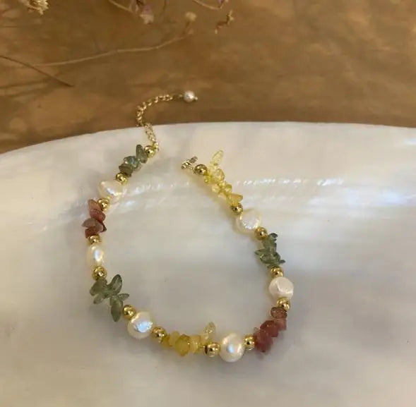 Baroque Pearl Bracelet with 3MM Multicolor Gemstone Beads