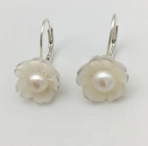 Pearl Earring 7-8MM Freshwater Pearl Shell Flower Dangle Earrings