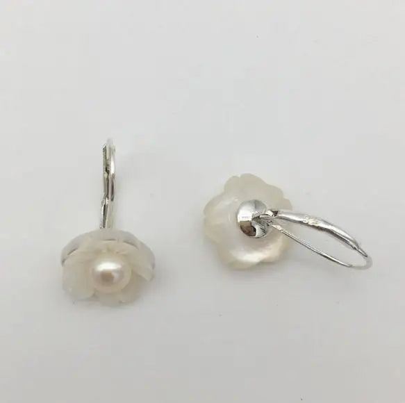 Pearl Earring 7-8MM Freshwater Pearl Shell Flower Dangle Earrings