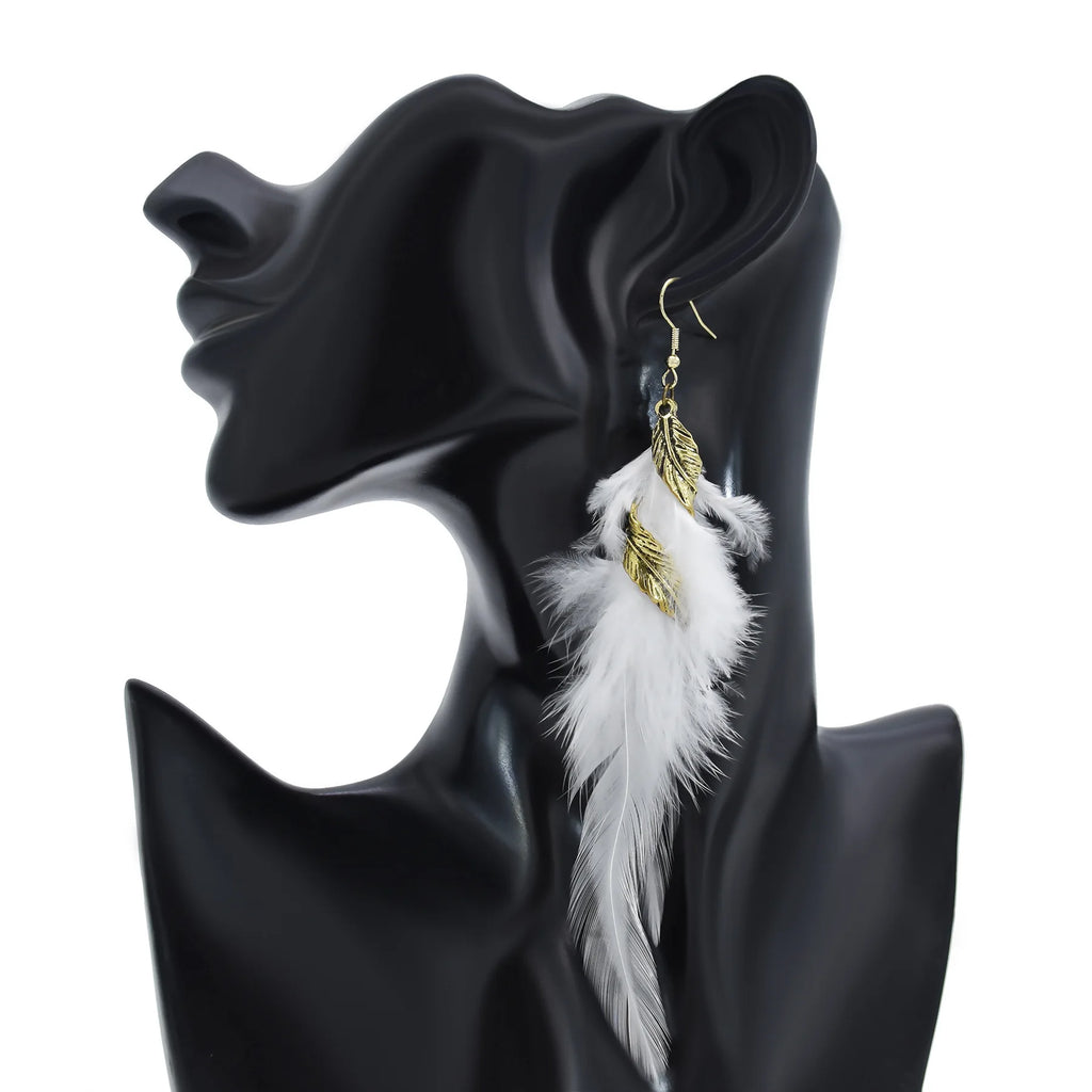 Feather Leaf Tassel Earrings Asymmetric Boho Vintage Statement Long