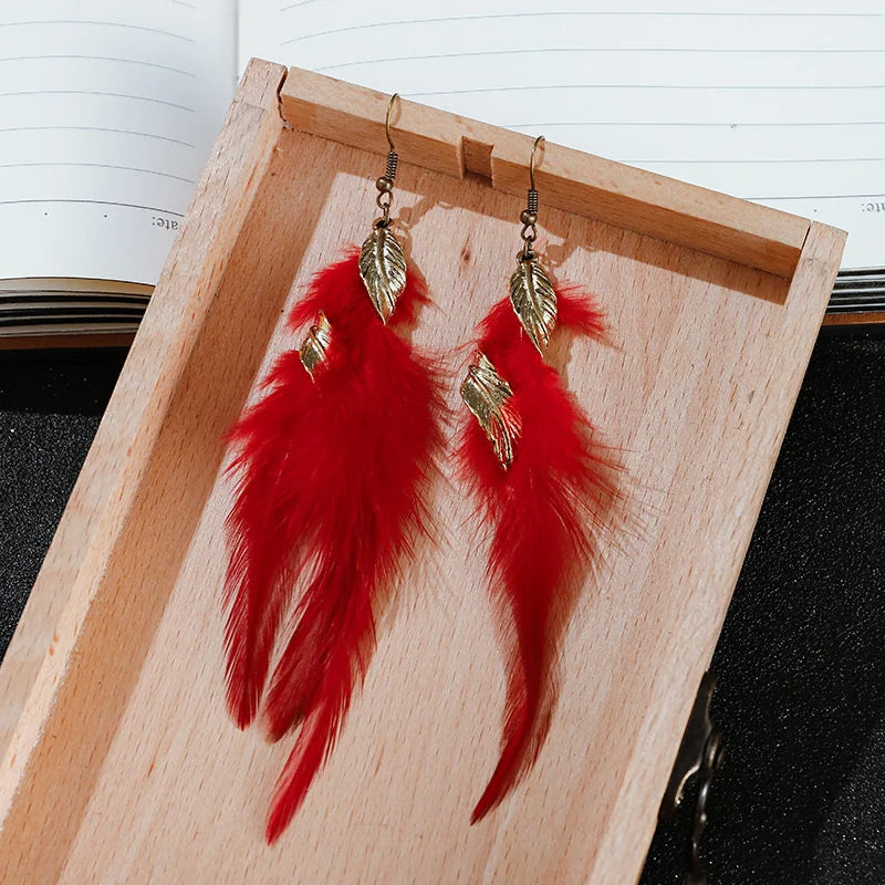 Feather Leaf Tassel Earrings Asymmetric Boho Vintage Statement Long