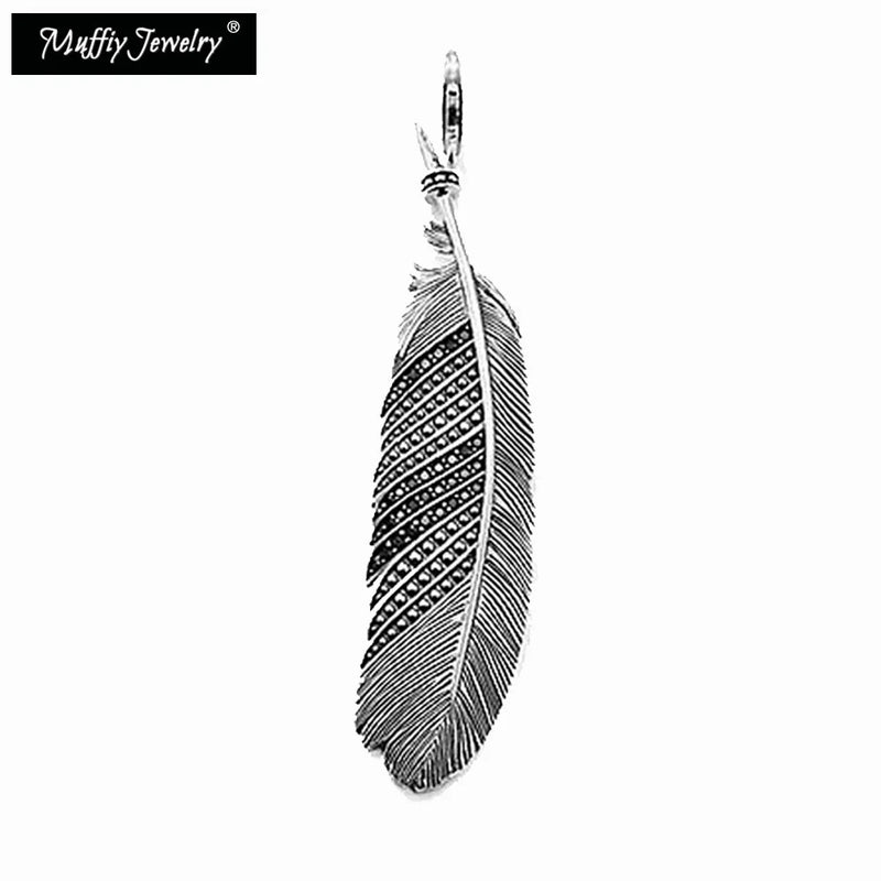 Feather Necklace Pendant,925 Sterling Silver,Blackened,Black Zircon