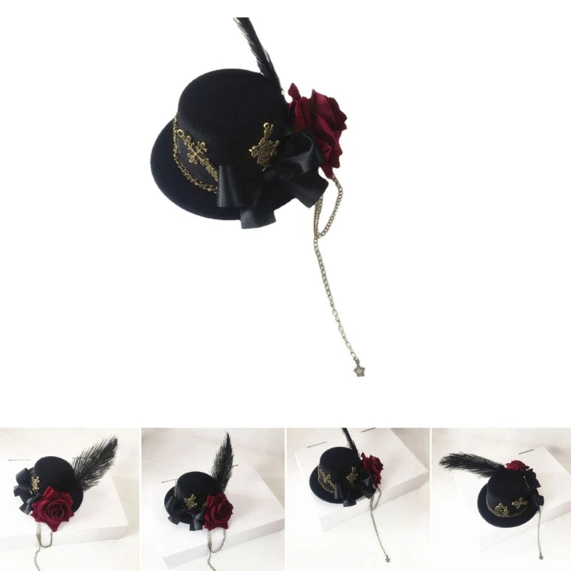 Feather Rose Top Hat Costume Hair Accessories for Women Female Cosers