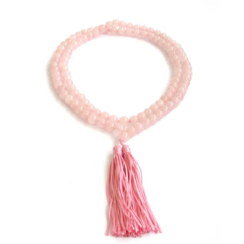 Pink Quartz 8mm 108 Beaded Prayer Bracelet Double Tassel Necklace