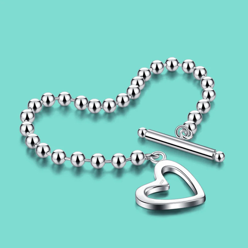 925 Silver Heart Pendant Bead Bracelet Girls Charm Jewelry