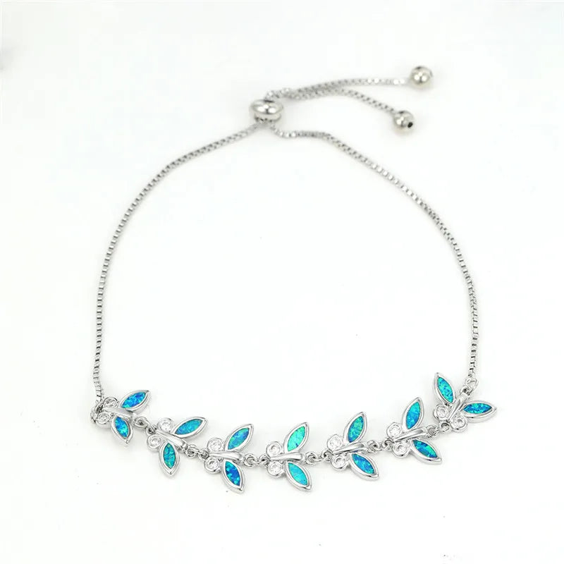 Fire Opal Butterfly Bracelet Vintage Silver Chain Women