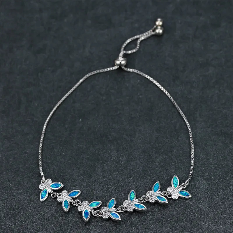 Fire Opal Butterfly Bracelet Vintage Silver Chain Women