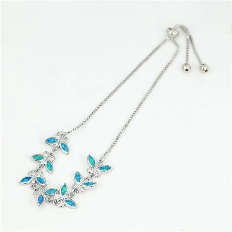 Fire Opal Butterfly Bracelet Vintage Silver Chain Women