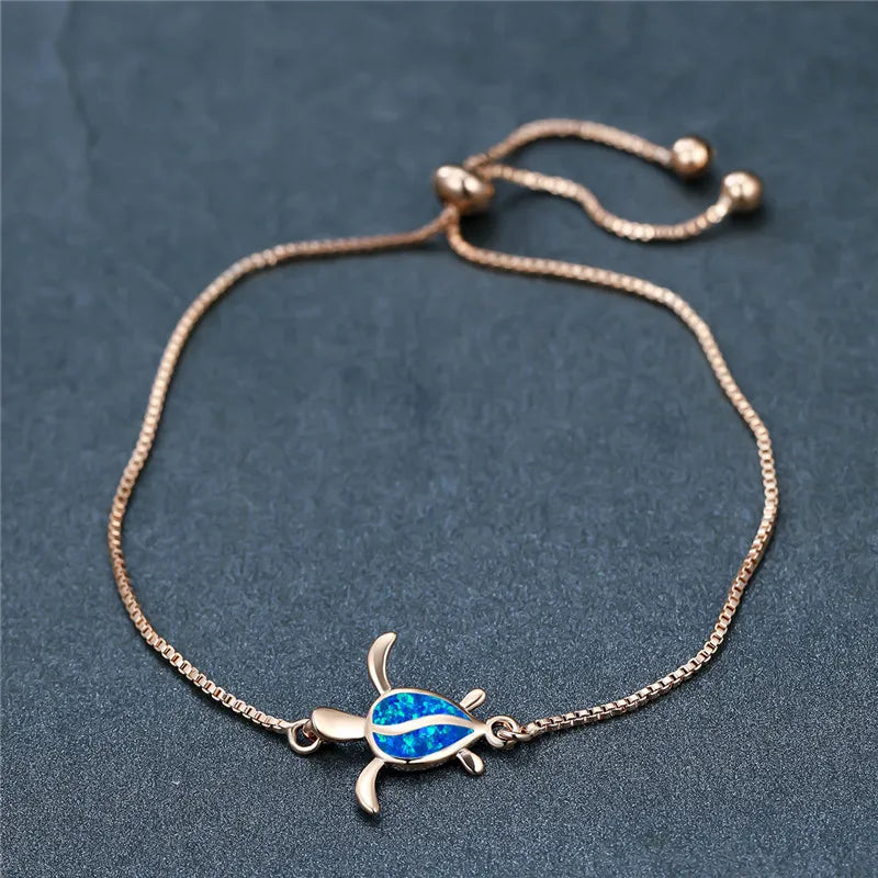 Small Turtle Opal Stone Bracelet Vintage Silver Chain Necklace
