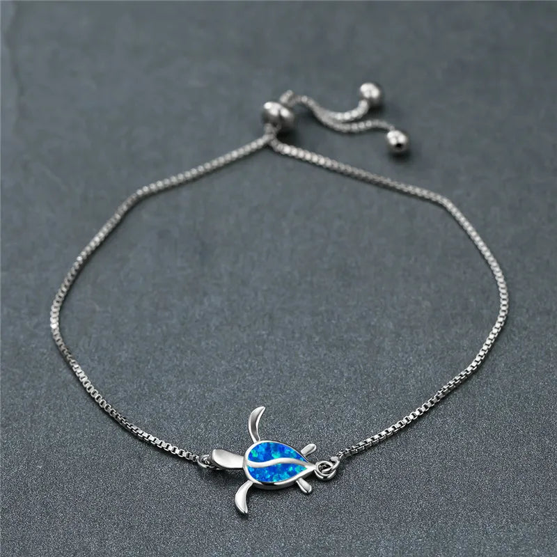 Small Turtle Opal Stone Bracelet Vintage Silver Chain Necklace