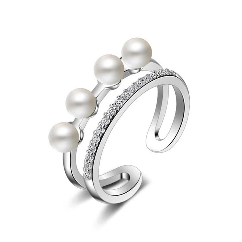 Silver 925 Double Pearl Ring for Dating Temperament Combination Suit