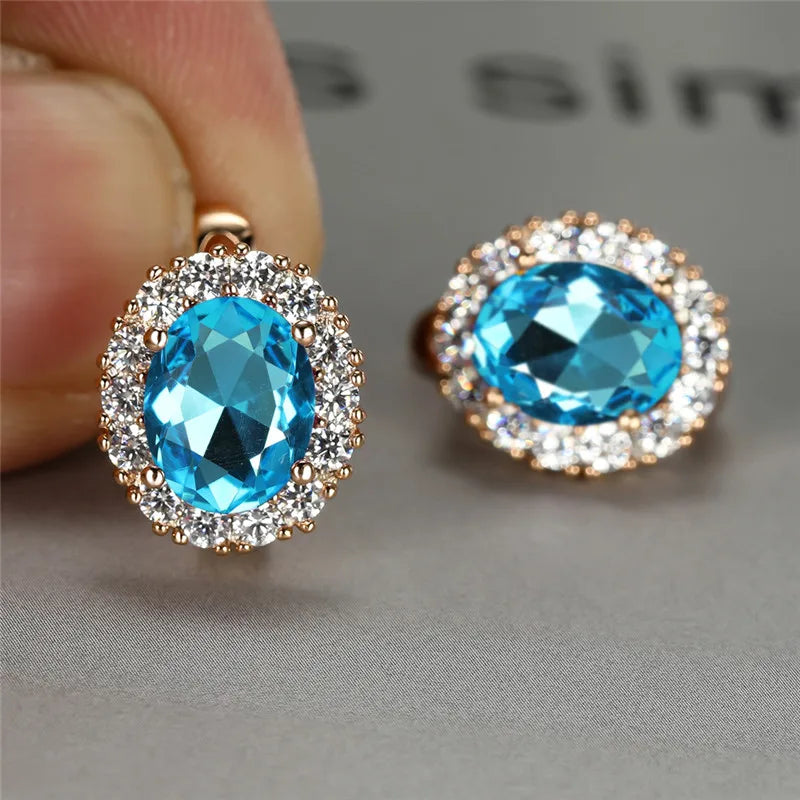 Rainbow Zircon Oval Stone Hoop Earrings Rose Engagement Earrings For Women