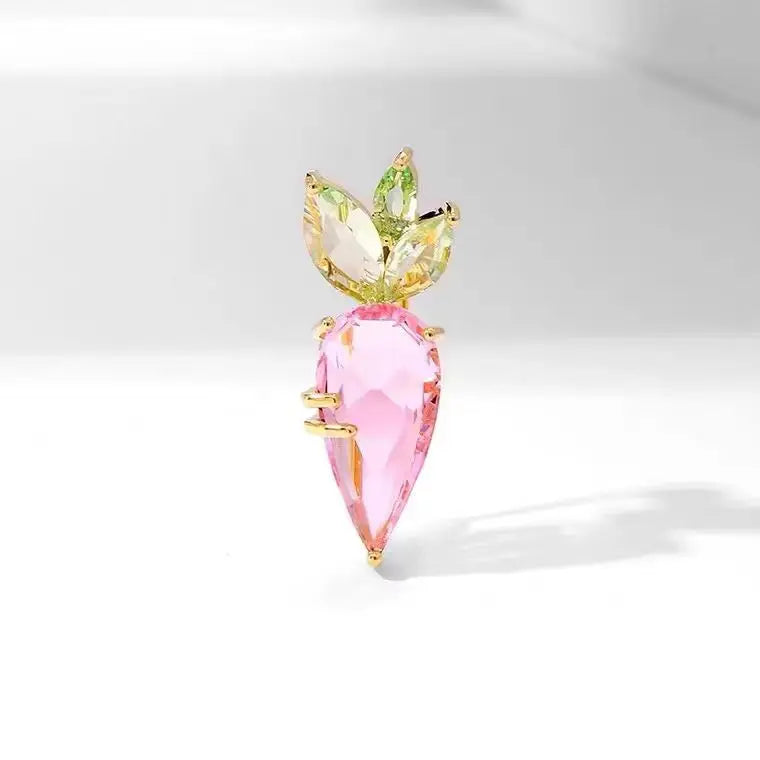 Female Pink Crystal Leaf Carrot Brooches Zircon Alloy Safety Pins
