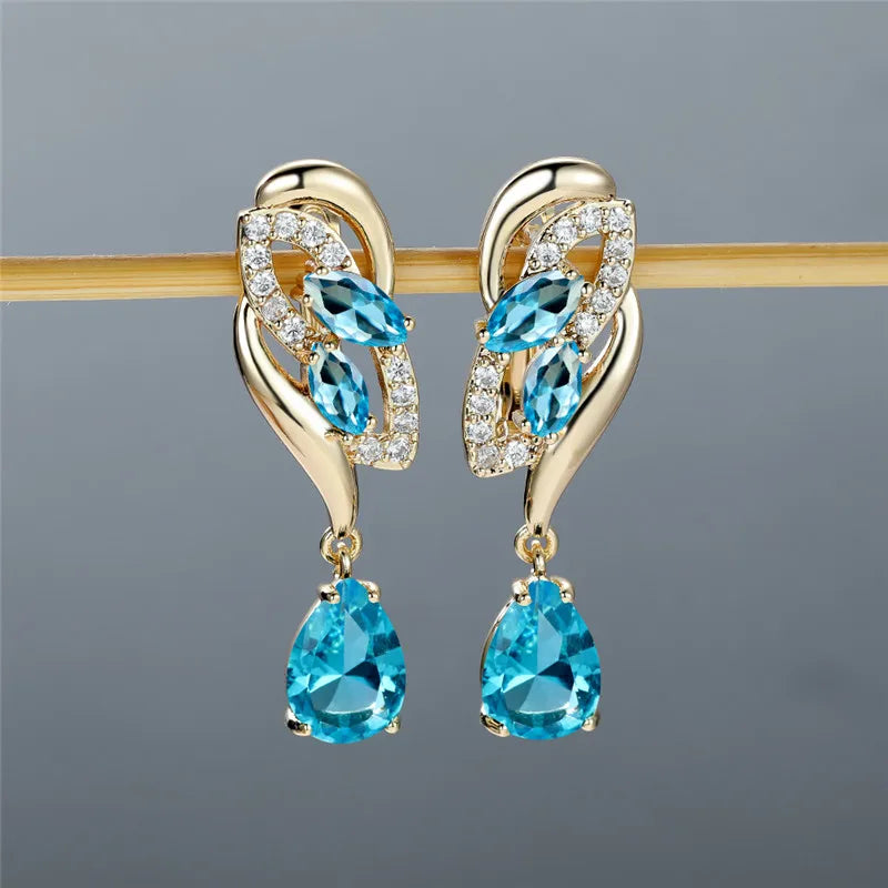 Green Zircon Hoop Earrings Water Drop Stone Wedding Earrings