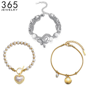 Heart Butterfly Beads Chain Bracelet for Women Stainless Steel Wedding Jewelry