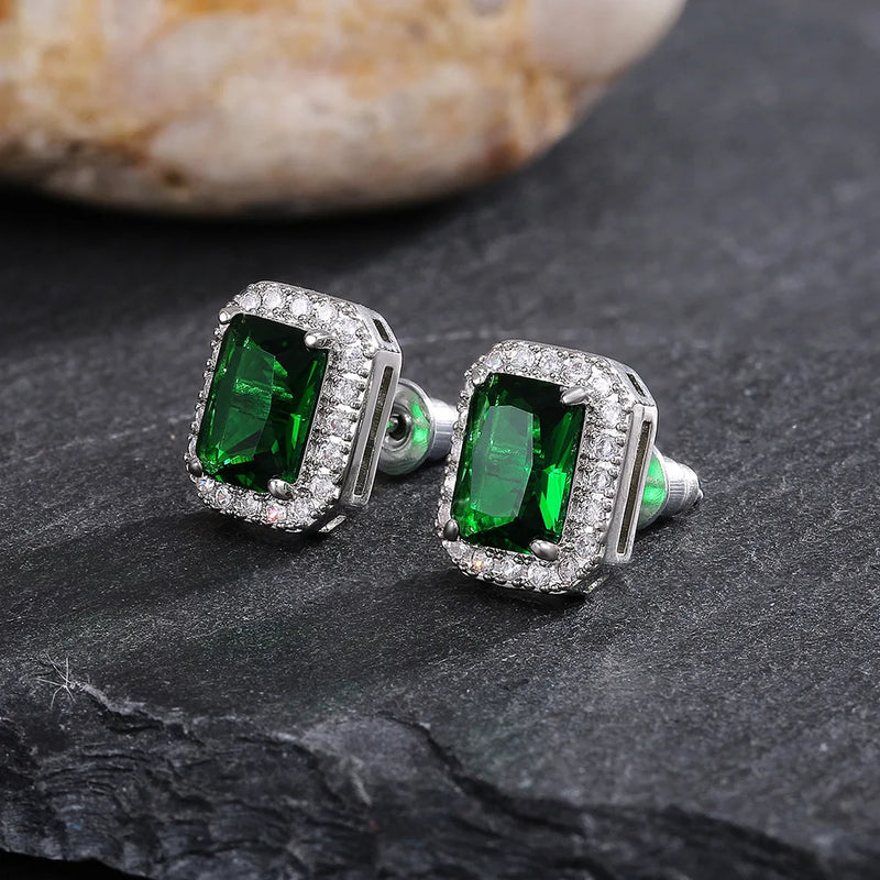 Vintage Silver Green Zircon Stud Earrings Wedding Jewelry