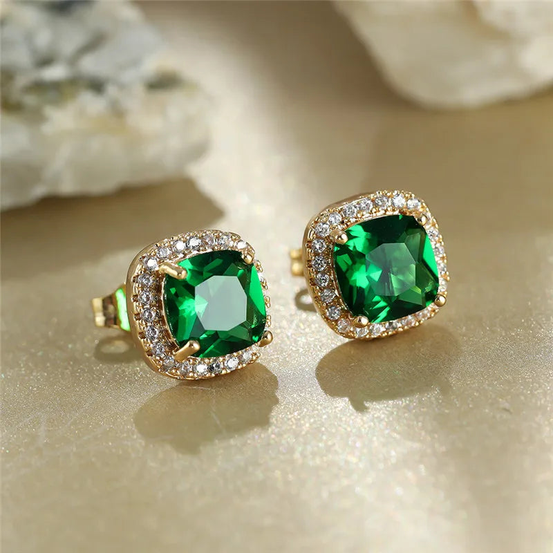 Green Crystal Stud Earrings Classic Vintage Small Earrings Women