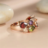 Female Rainbow Crystal Stone Ring Rose Charm Flower Engagement Rings For Women