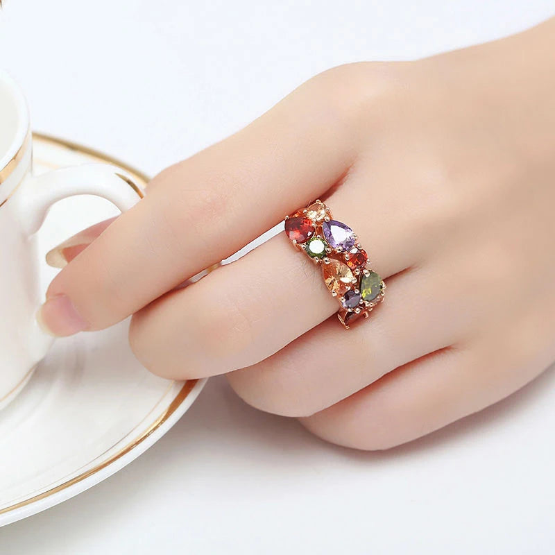 Female Rainbow Crystal Stone Ring Rose Charm Flower Engagement Rings For Women