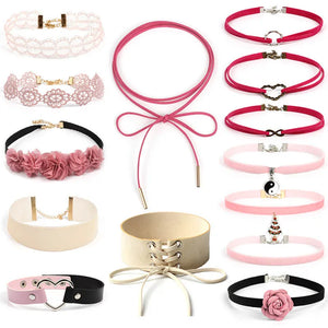 Female Sexy Choker Necklaces Set Gothic Tattoo Lace Leather Velvet Neck