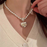 Female Small Fragrance Rhinestones Pearl Love Necklace Earrings Set