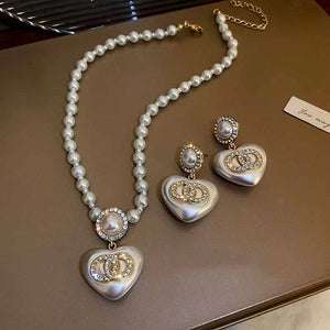 Female Small Fragrance Rhinestones Pearl Love Necklace Earrings Set