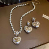 Female Small Fragrance Rhinestones Pearl Love Necklace Earrings Set