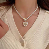 Female Small Fragrance Rhinestones Pearl Love Necklace Earrings Set