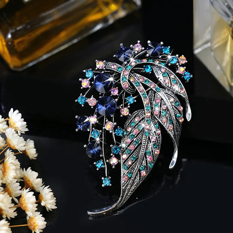 Vintage Rainbow Crystal Flower Brooch Silver Rhinestone Alloy Pin