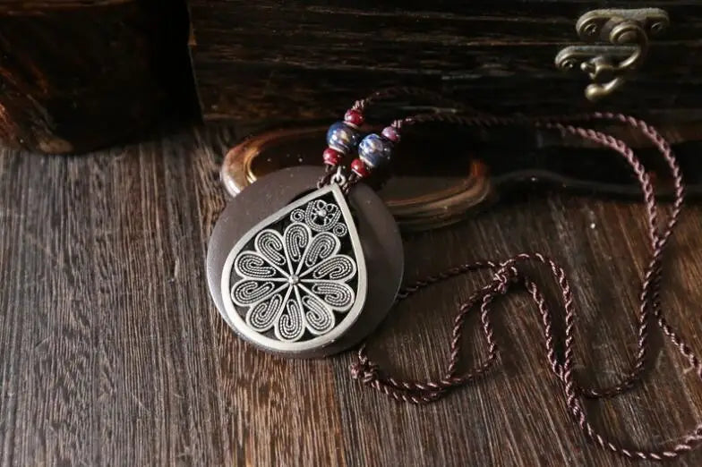 Female Wooden Pendant Long Necklace Casual Sweater Jewelry