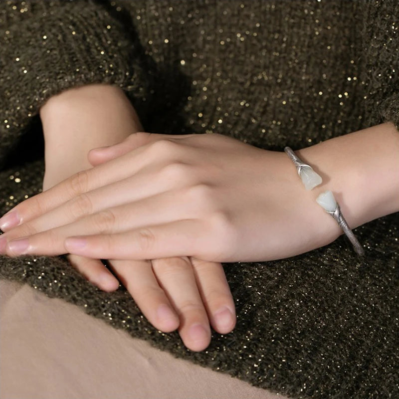 Vintage Pattern Silver Bracelet with Tian Jade Magnolia Temperament