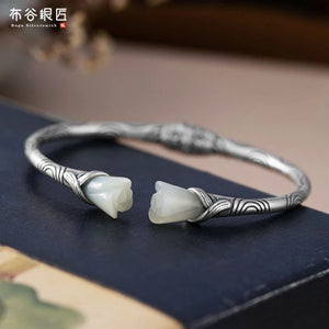 Vintage Pattern Silver Bracelet with Tian Jade Magnolia Temperament